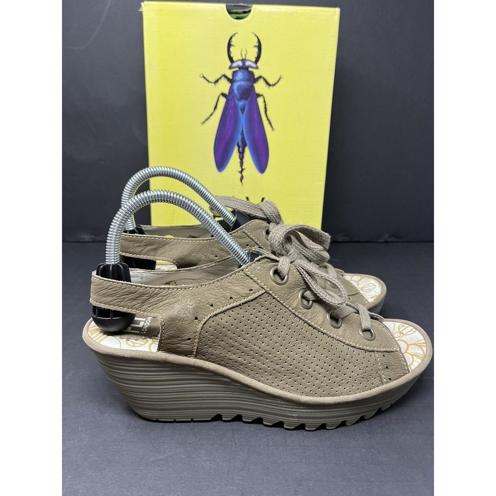 FLY LONDON YUTA CUPIDO Open Toe Lace Up Wedge Sandles Khaki Womens 41 US 10 - Picture 3 of 9